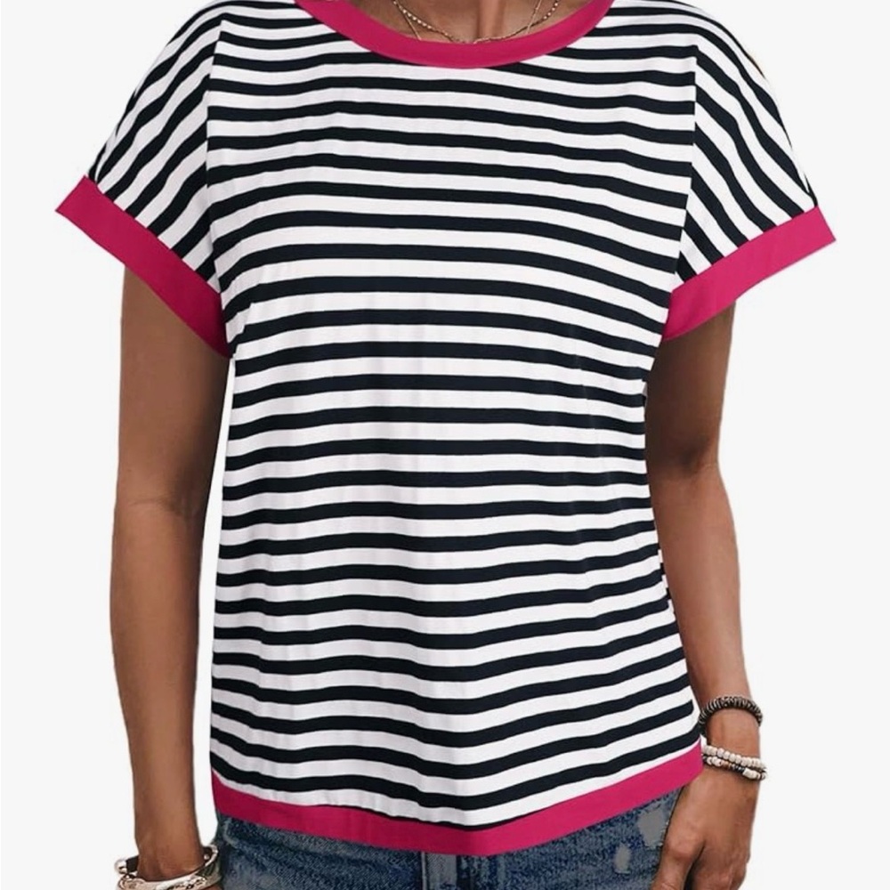 Women's Black & White Striped Short Sleeve Tee with Pink Trim - Picture 8 of 15
